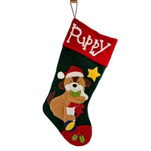 Prima Creations Christmas Puppy Stocking 21 in Santa Hat Holly Applique 2006